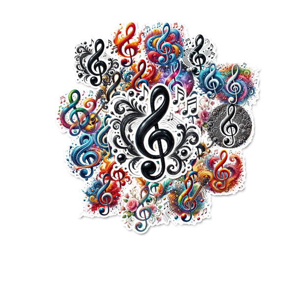 Colorful and intricate music notes design on a white background