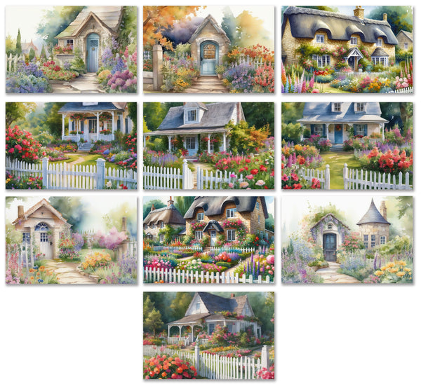 10 Handmade Cottage Gardens – Blank Inside – Folded 4x6 Every Occasion Cards with White Envelopes