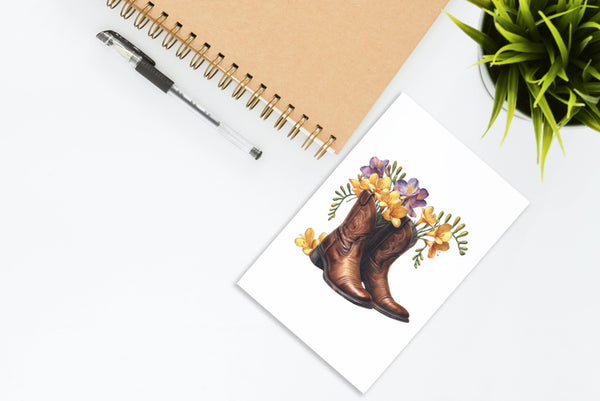 10 handmade greeting cards with cowgirl boots and flowers