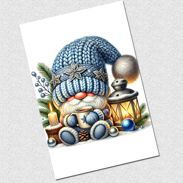 Illustration of a gnome with a blue hat, holding a cup and surrounded by Christmas decorations on a white background.