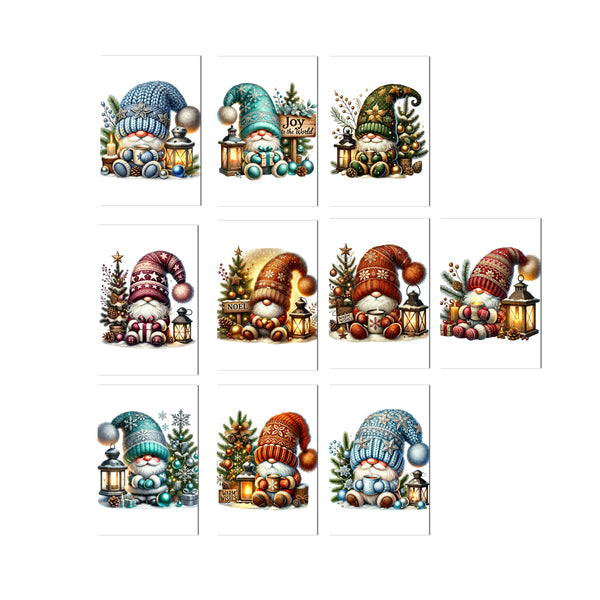 Set of nine Christmas-themed gnome illustrations with decorative elements on a white background.