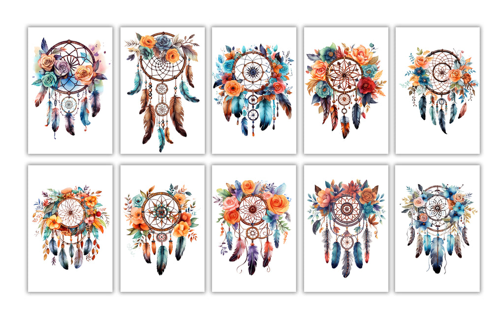 10 Handmade Watercolor Dreamcatcher Notecards – Blank Inside – Folded 4x6 Every Occasion Cards with White Envelopes