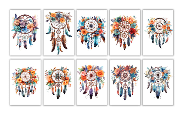 10 Handmade Watercolor Dreamcatcher Notecards – Blank Inside – Folded 4x6 Every Occasion Cards with White Envelopes