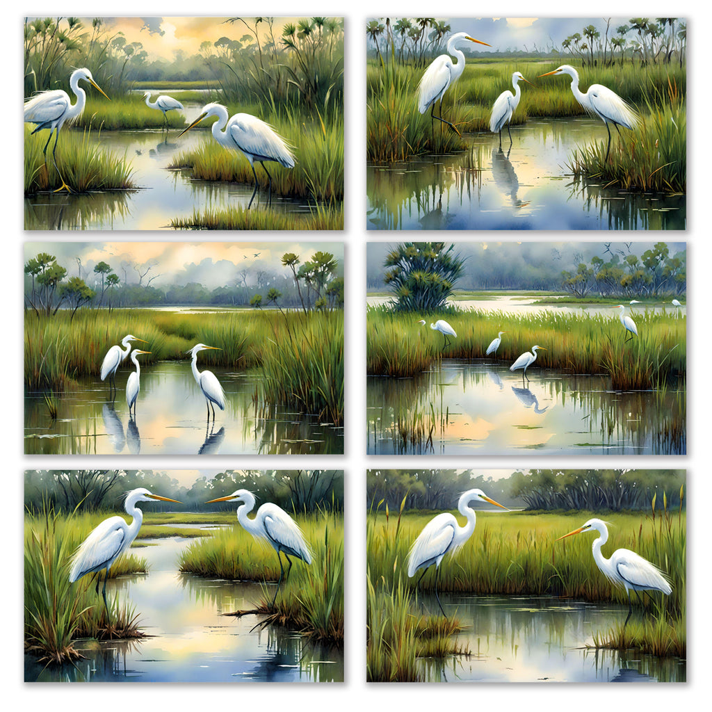 6 Handmade Egrets – Blank Inside – Folded 4x6 Every Occasion Cards with White Envelopes