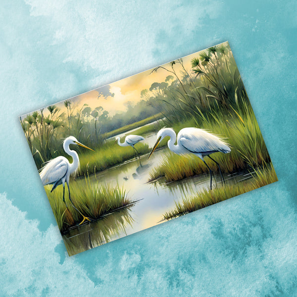 6 Handmade Egrets – Blank Inside – Folded 4x6 Every Occasion Cards with White Envelopes
