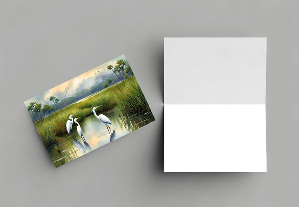 6 Handmade Egrets – Blank Inside – Folded 4x6 Every Occasion Cards with White Envelopes
