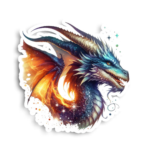 Colorful dragon illustration with fiery and celestial elements on a white background