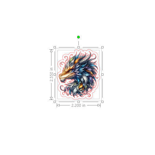 Colorful dragon design with dimensions on a white background