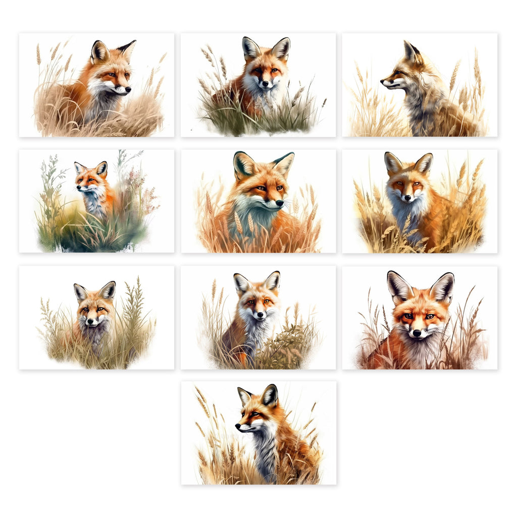 10 Handmade Watercolor Foxes Notecards – Blank Inside – Folded 4x6 Every Occasion Cards with White Envelopes