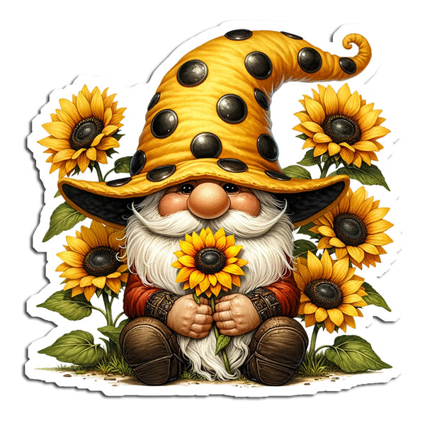 Gnome with a polka dot hat surrounded by sunflowers on a white background