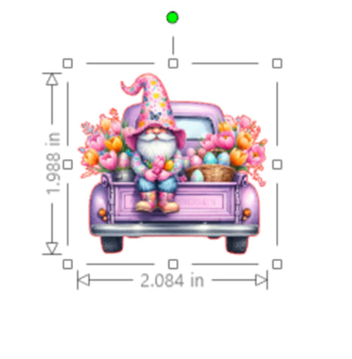 Gnome with a purple hat and pink truck carrying Easter eggs and flowers, with measurements on a white background.