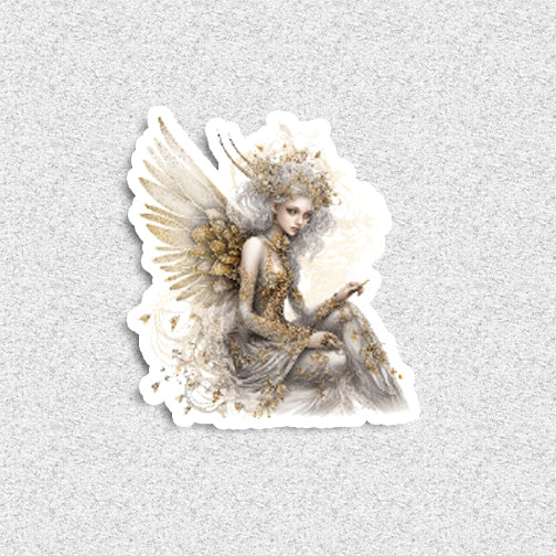 Sticker of an angelic figure with wings and floral elements on a textured gray background