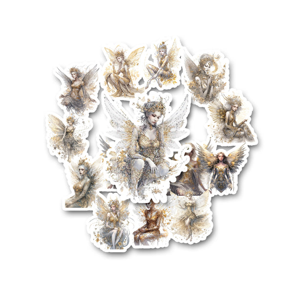 Set of fairy stickers with detailed designs on a white background