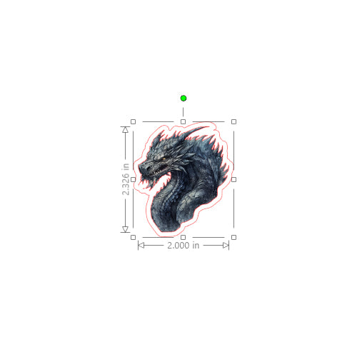 Illustration of a dragon head with dimensions on a white background