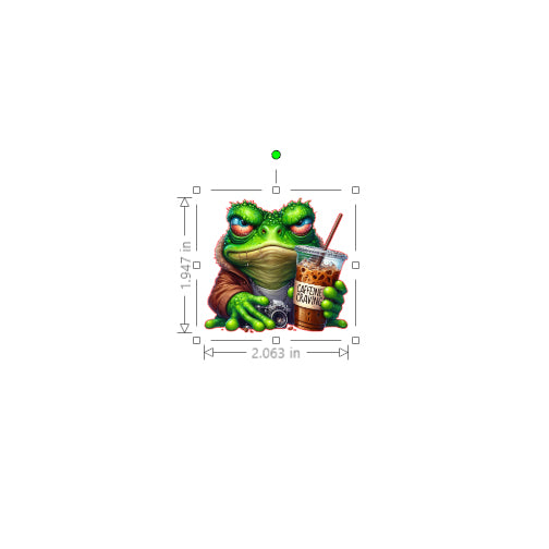 Illustration of a frog holding a drink with dimensions on a white background