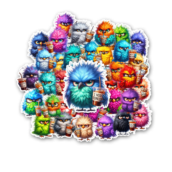 Sticker with colorful cartoon owls and coffee cups on a white background