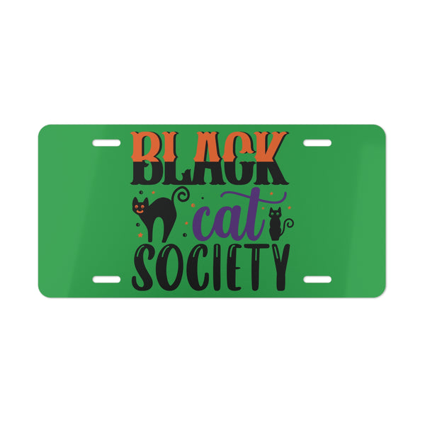 Halloween Custom Front License Plate Black Cat Society with two cats on a green background