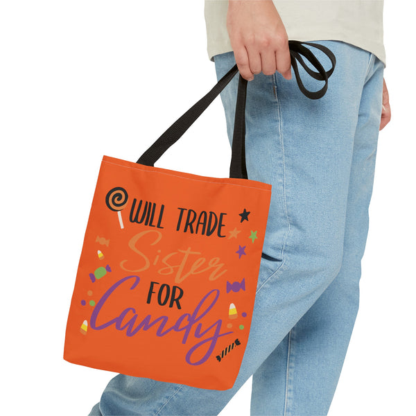 Trade Sister for Candy Halloween Trick or Treat Bag in a guys hand
