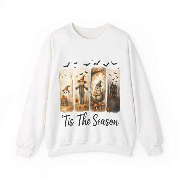 White sweatshirt with Halloween-themed design and 'Tis The Season text on a white background