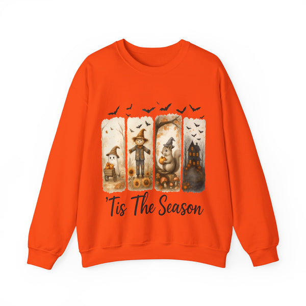 Orange sweatshirt with Halloween-themed design and 'Tis The Season text on a white background