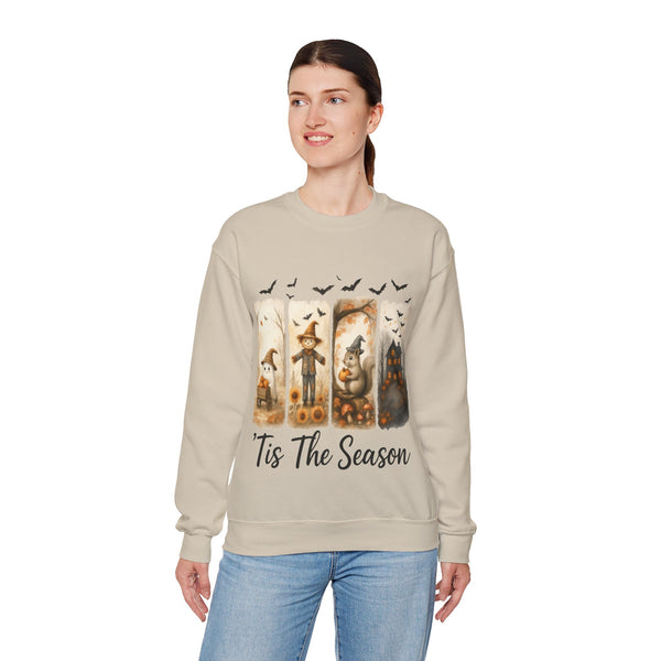 Woman wearing a beige sweatshirt with a festive design and text on a white background