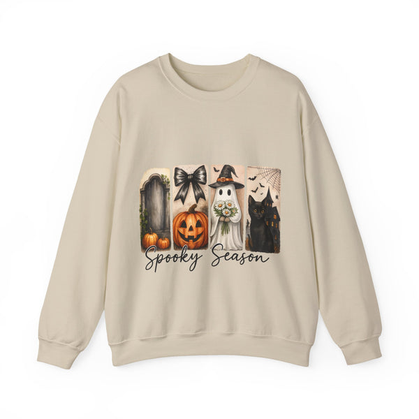 Beige sweatshirt with Halloween-themed design featuring ghosts, a pumpkin, and a black cat on a white background.