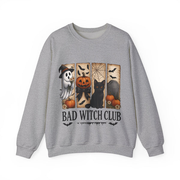 Gray sweatshirt with Halloween-themed design and 'Bad Witch Club' text on a white background
