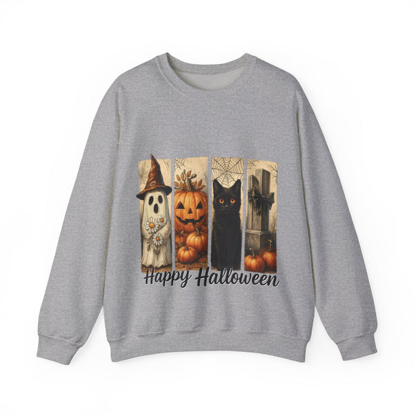Gray sweatshirt with Halloween-themed design featuring pumpkins, a ghost, and a black cat on a white background.