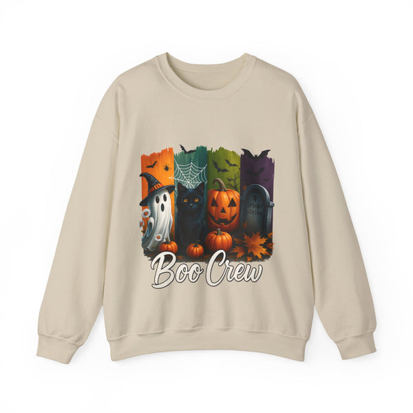 Beige sweatshirt with Halloween-themed design and 'Boo Crew' text on a white background