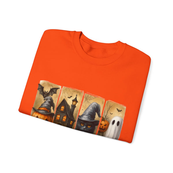 Orange t-shirt with Halloween-themed design on a white background