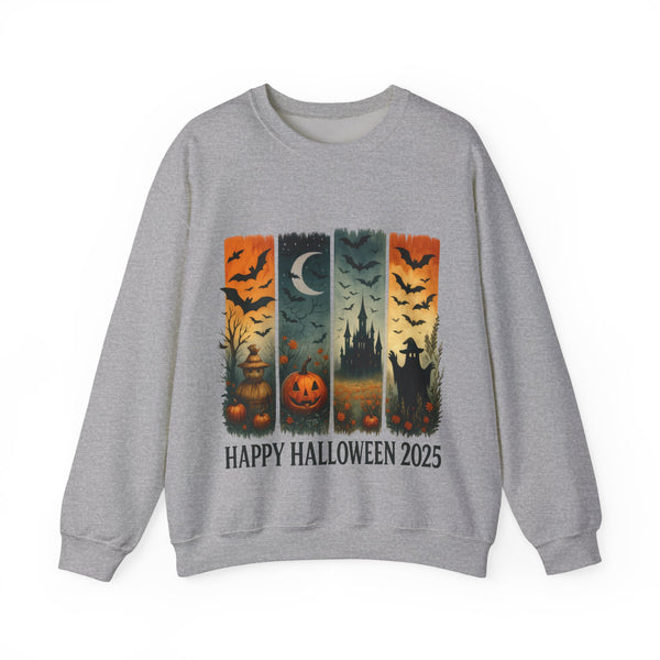Gray sweatshirt with Halloween-themed design and 'Happy Halloween 2025' text on a white background