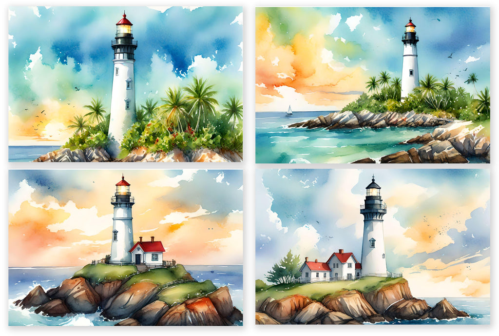 8 Handmade Watercolor Lighthouse Notecards – Blank Inside – Folded 4x6 Every Occasion Cards with White Envelopes