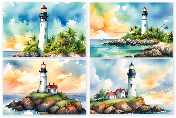 8 Handmade Watercolor Lighthouse Notecards – Blank Inside – Folded 4x6 Every Occasion Cards with White Envelopes