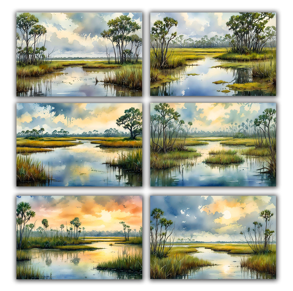 6 Handmade Marshlands – Blank Inside – Folded 4x6 Every Occasion Cards with White Envelopes