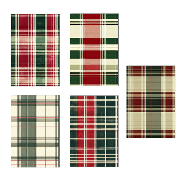 Set of five plaid patterns in red, green, and beige on a white background