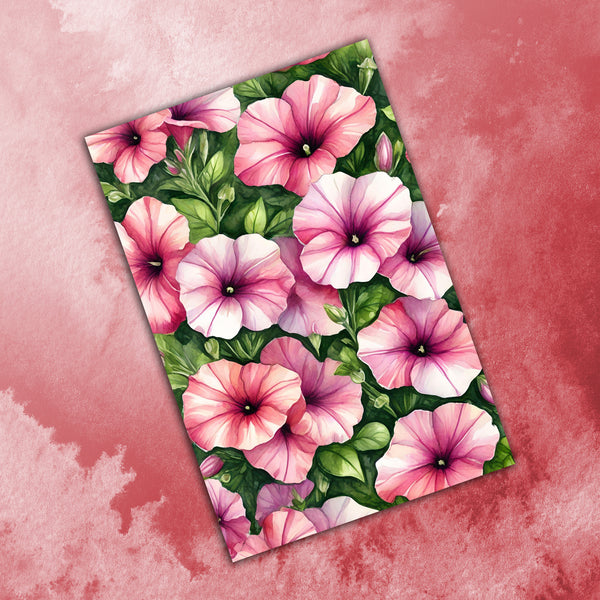 6 Handmade Pink Petunias – Blank Inside – Folded 4x6 Every Occasion Cards with White Envelopes