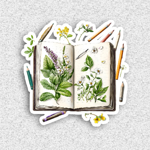 Illustration of an open book with botanical drawings surrounded by pencils on a textured gray background