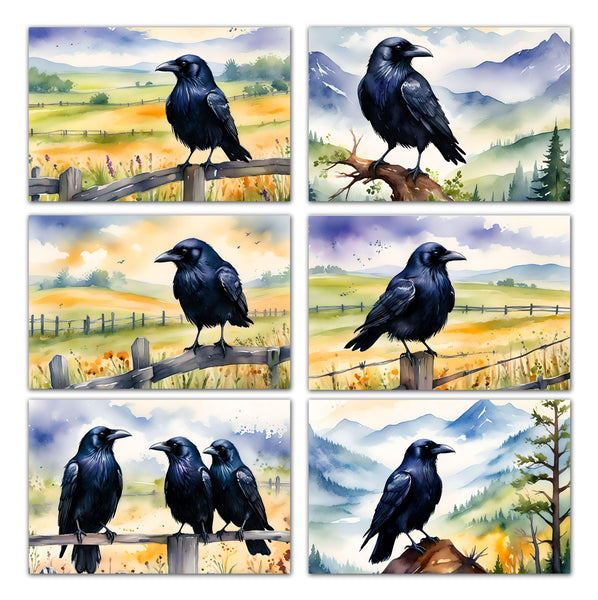6 Handmade Ravens – Blank Inside – Folded 4x6 Every Occasion Cards with White Envelopes