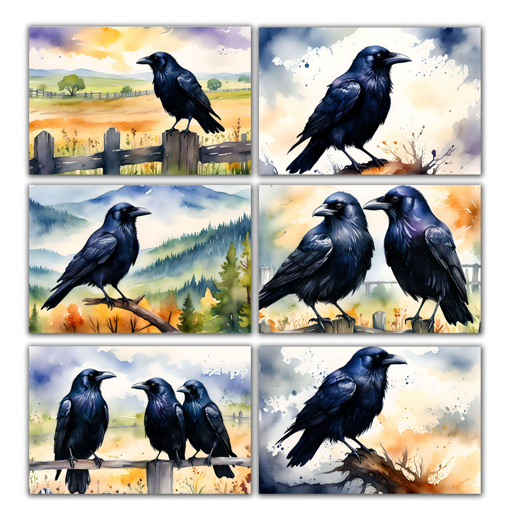 6 Handmade Ravens – Blank Inside – Folded 4x6 Every Occasion Cards with White Envelopes