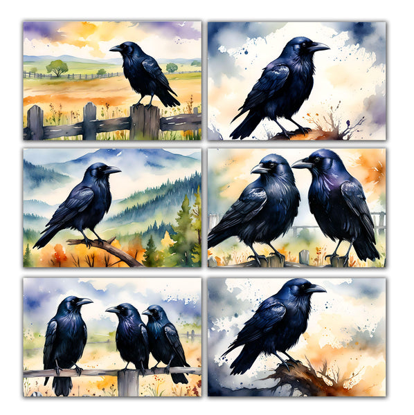 6 Handmade Ravens – Blank Inside – Folded 4x6 Every Occasion Cards with White Envelopes