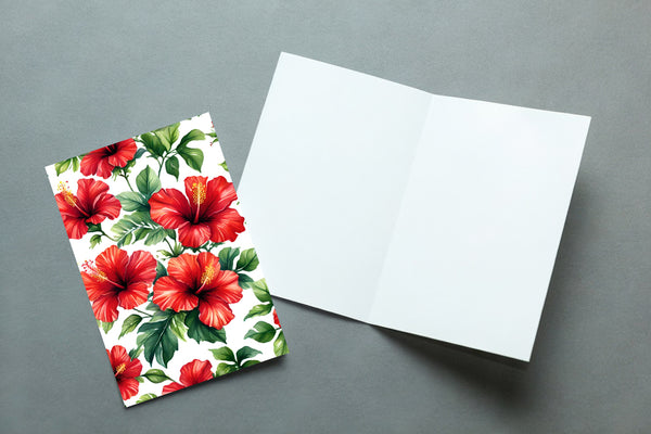 6 Handmade Red Hibiscus – Blank Inside – Folded 4x6 Every Occasion Cards with White Envelopes