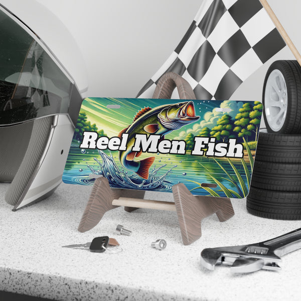Fishing Custom Front License Plates for Cars and Trucks Reel Men Fish on display case on shelf