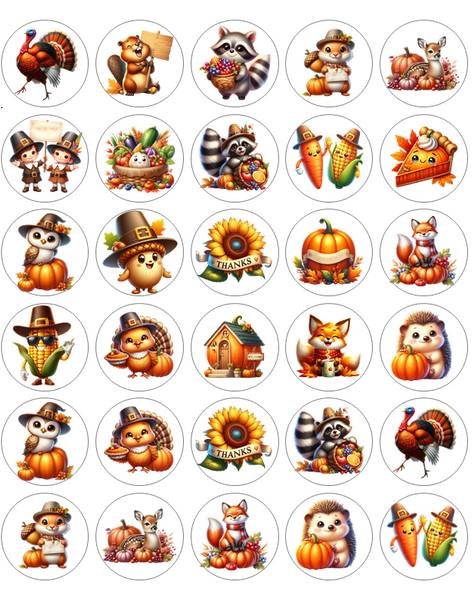 Collection of Thanksgiving-themed stickers featuring animals and丰收 symbols on a white background.