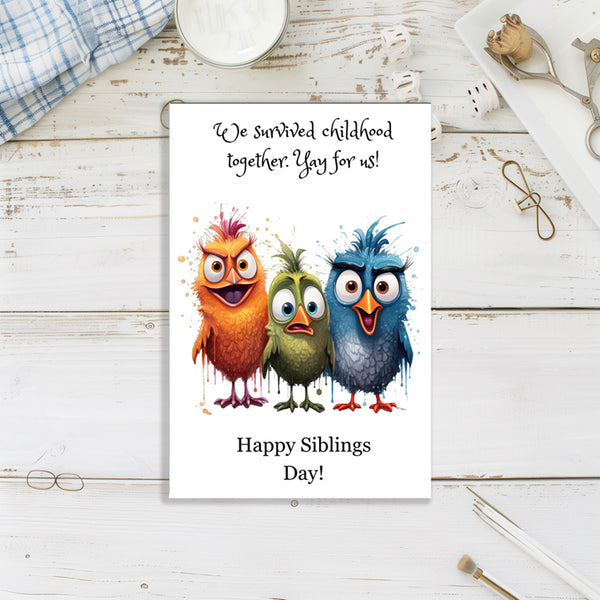 Handmade siblings day greeting card with colorful birds
