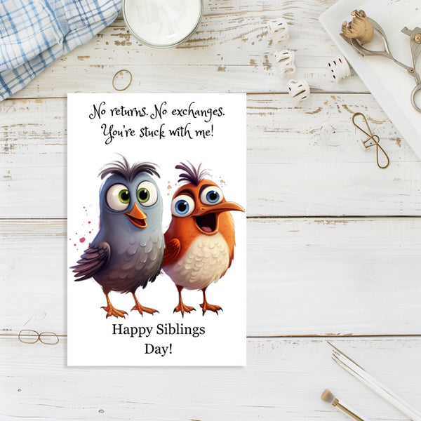 Handmade siblings day greeting card with colorful birds