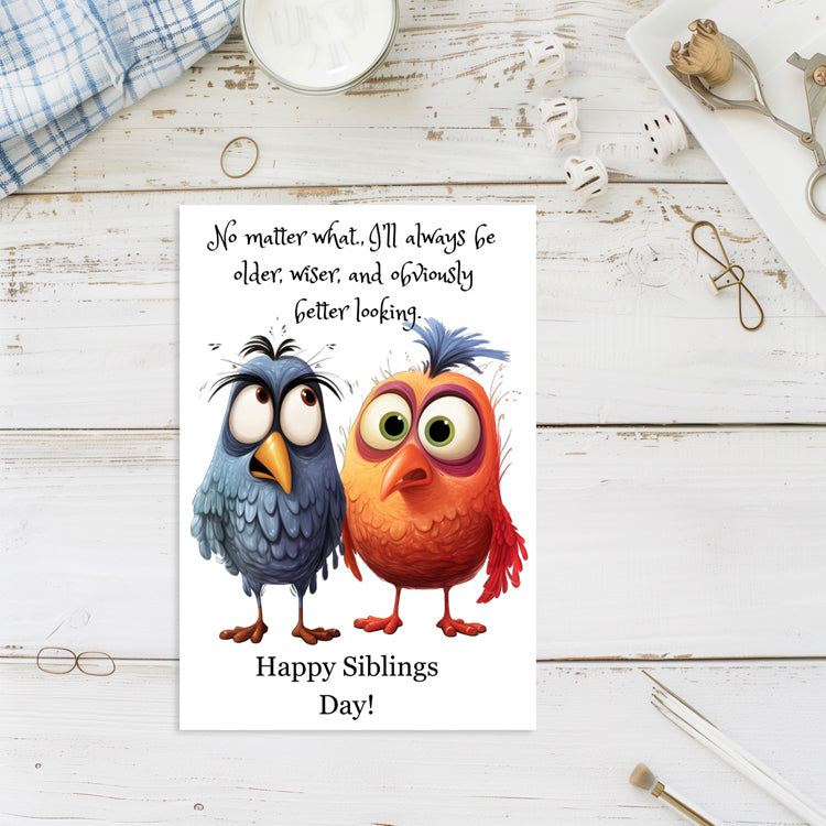 Handmade siblings day greeting card with colorful birds