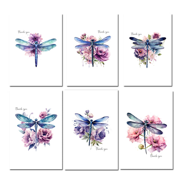 Set of six cards featuring dragonflies and flowers with 'Thank you' text on a white background.