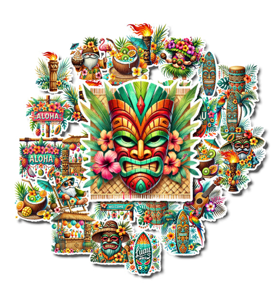 Collection of colorful Tiki-themed stickers on a white background
