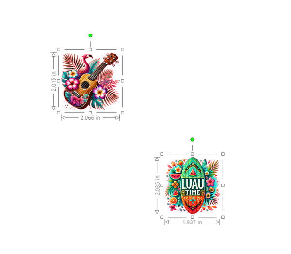Colorful tropical-themed designs with a guitar and 'Luau Time' text on a white background.