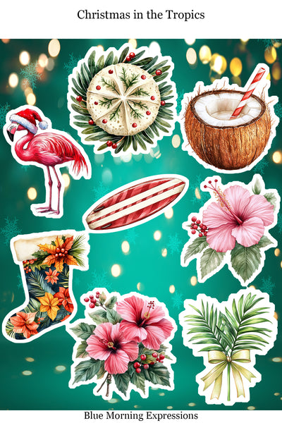 Collection of tropical-themed Christmas illustrations on a green background with festive lights.